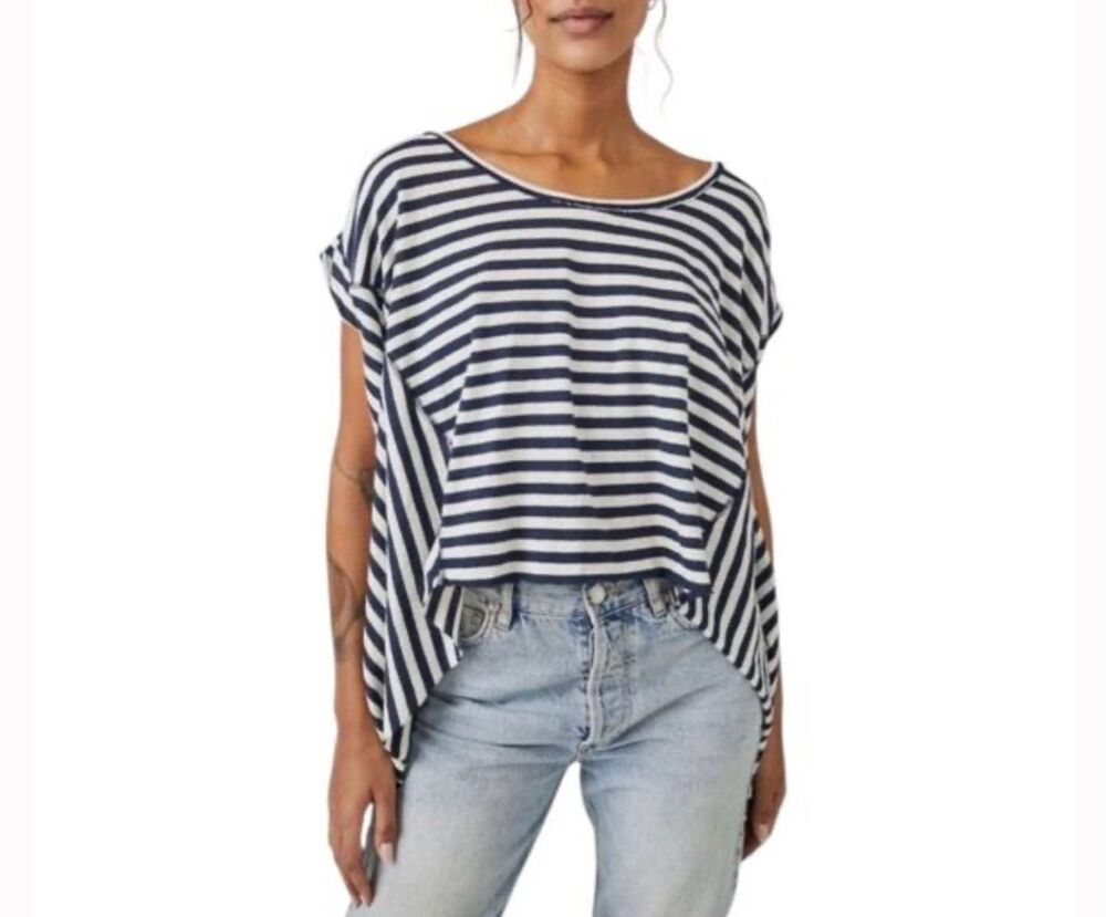 Free People We The Free Angel Striped Tee Navy White Womens Medium NEW